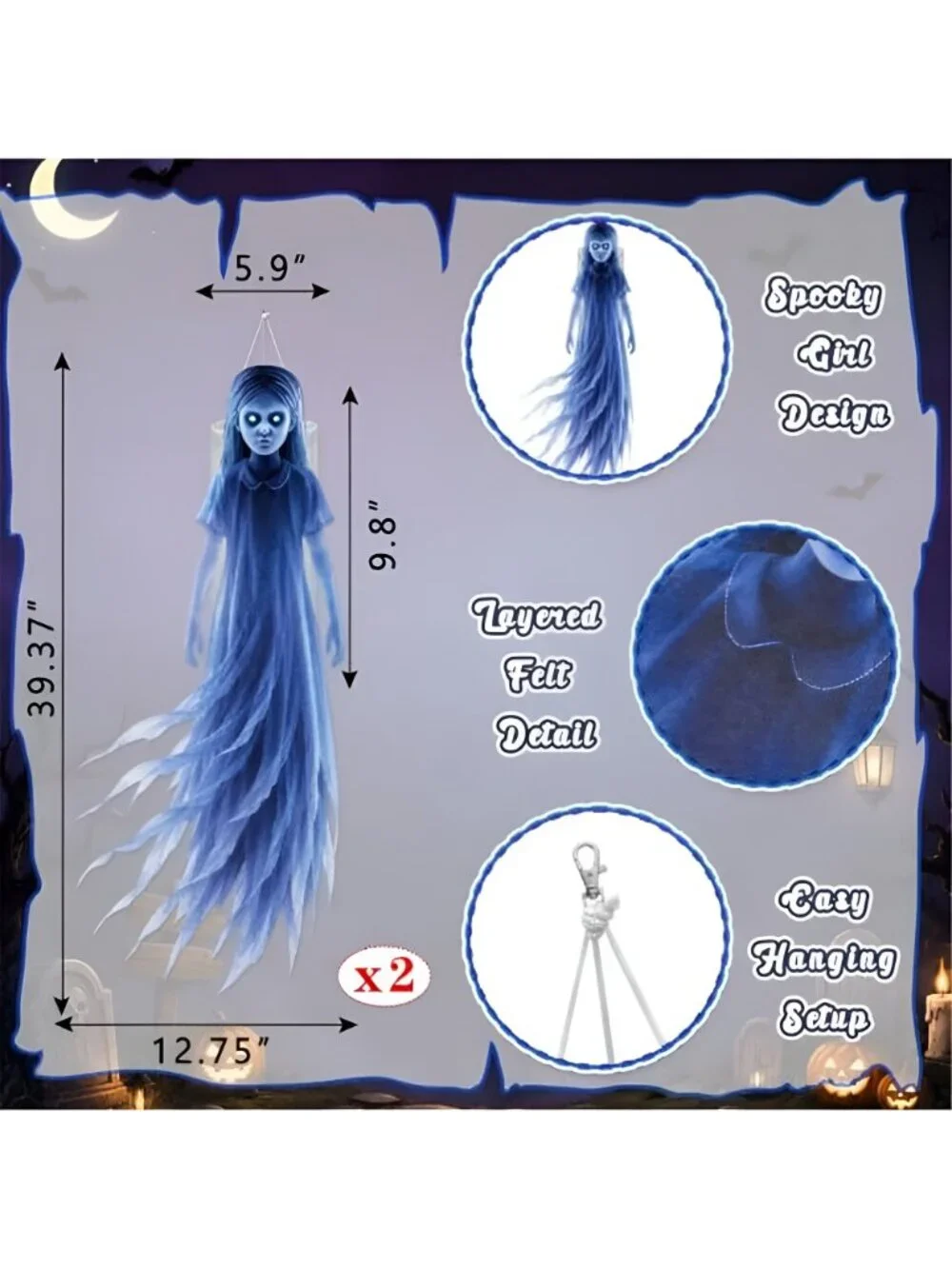 2pcs Halloween Party Decorations Outdoor Ghost Girl Windsock